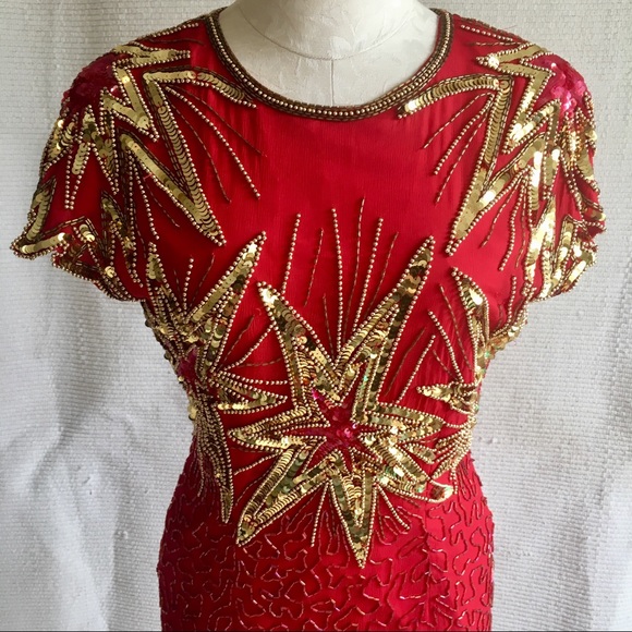 Vintage 80s 90s S/M July 4th Fireworks Silk Party Beaded Dress Holiday Stars - Picture 4 of 16